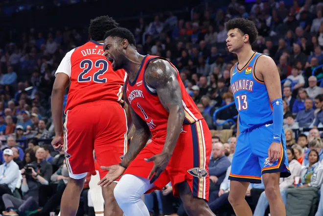 Jan 27, 2026; Oklahoma City, Oklahoma, USA; New Orleans Pelicans forward Zion Williamson (1) screams after scoring against the Oklahoma City Thunder during the second quarter at Paycom Center. Mandatory Credit: Alonzo Adams-Imagn Images