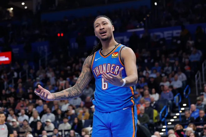 Jan 27, 2026; Oklahoma City, Oklahoma, USA; Oklahoma City Thunder forward Jaylin Williams (6) reacts to an officials call after a play against the New Orleans Pelicans during the second half at Paycom Center. Mandatory Credit: Alonzo Adams-Imagn Images