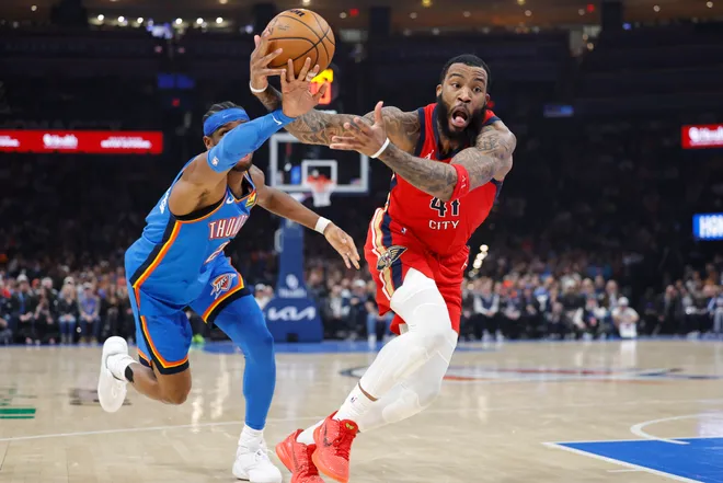 Jan 27, 2026; Oklahoma City, Oklahoma, USA; Oklahoma City Thunder guard Shai Gilgeous-Alexander (2) attempts to steal the ball away from New Orleans Pelicans guard/forward Saddiq Bey (41) during the second quarter at Paycom Center. Mandatory Credit: Alonzo Adams-Imagn Images