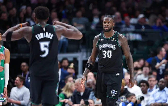 Jan 28, 2026; Dallas, Texas, USA; Minnesota Timberwolves forward Julius Randle (30) reacts in front of Minnesota Timberwolves guard Anthony Edwards (5) against the Dallas Mavericks during the second half at American Airlines Center.