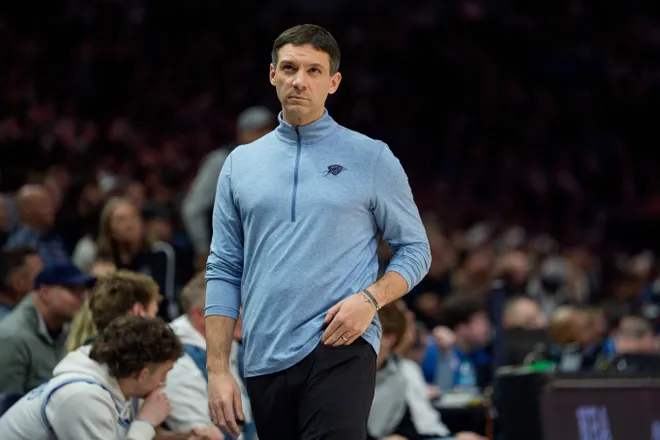 Jan 29, 2026; Minneapolis, Minnesota, USA; Oklahoma City Thunder head coach Mark Daigneault walks toward the bench against the Minnesota Timberwolves in the second quarter at Target Center. Mandatory Credit: Matt Blewett-Imagn Images