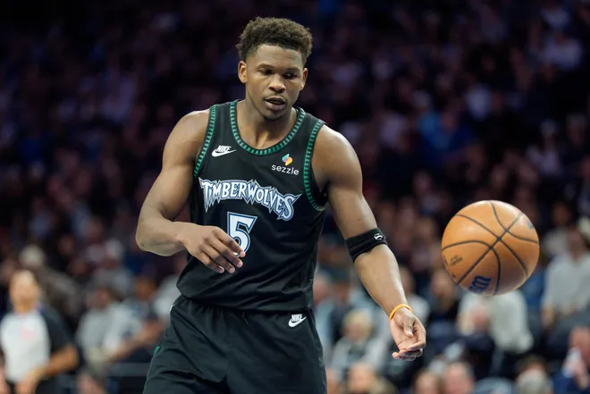 Jan 29, 2026; Minneapolis, Minnesota, USA; Minnesota Timberwolves guard Anthony Edwards (5) receives the inbound pass agains the Oklahoma City Thunder in the third quarter at Target Center. Mandatory Credit: Matt Blewett-Imagn Images
