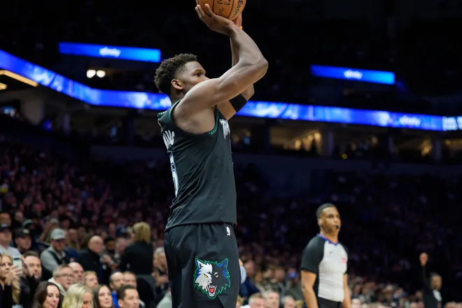 Jan 29, 2026; Minneapolis, Minnesota, USA; Minnesota Timberwolves guard Anthony Edwards (5) shoots against the Oklahoma City Thunder in the second quarter at Target Center. Mandatory Credit: Matt Blewett-Imagn Images