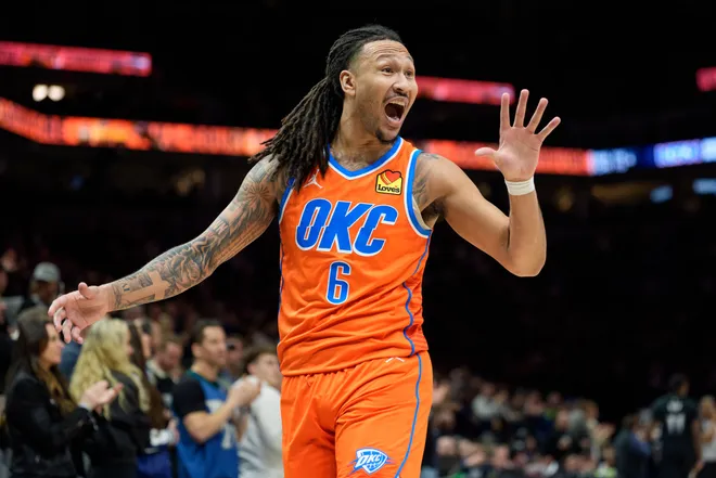 Jan 29, 2026; Minneapolis, Minnesota, USA; Oklahoma City Thunder forward Jaylin Williams (6) gestures to the referee in the second quarter against the Minnesota Timberwolves at Target Center. Mandatory Credit: Matt Blewett-Imagn Images