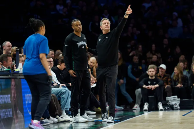 Jan 29, 2026; Minneapolis, Minnesota, USA; Minnesota Timberwolves head coach Chris Finch talks with Minnesota Timberwolves guard Jaylen Clark (22) in the second quarter against the Oklahoma City Thunder at Target Center. Mandatory Credit: Matt Blewett-Imagn Images