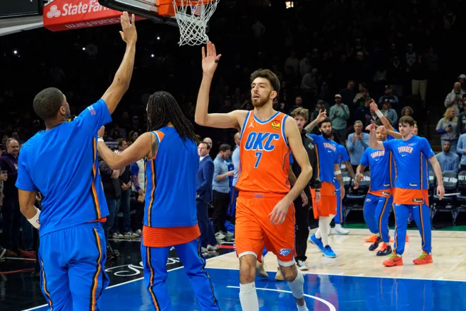 Jan 29, 2026; Minneapolis, Minnesota, USA; Oklahoma City Thunder center Chet Holmgren (7) during player announcements before the game against the Minnesota Timberwolves at Target Center. Mandatory Credit: Matt Blewett-Imagn Images