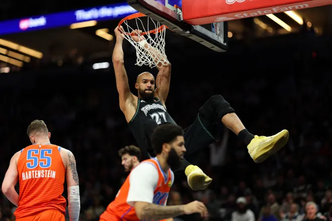 MINNEAPOLIS, MINNESOTA - JANUARY 29: Rudy Gobert #27 of the Minnesota Timberwolves dunks the ball against the Oklahoma City Thunder in the third quarter at Target Center on January 29, 2026 in Minneapolis, Minnesota. The Timberwolves defeated the Thunder 123-111. NOTE TO USER: User expressly acknowledges and agrees that, by downloading and or using this photograph, User is consenting to the terms and conditions of the Getty Images License Agreement. (Photo by David Berding/Getty Images)