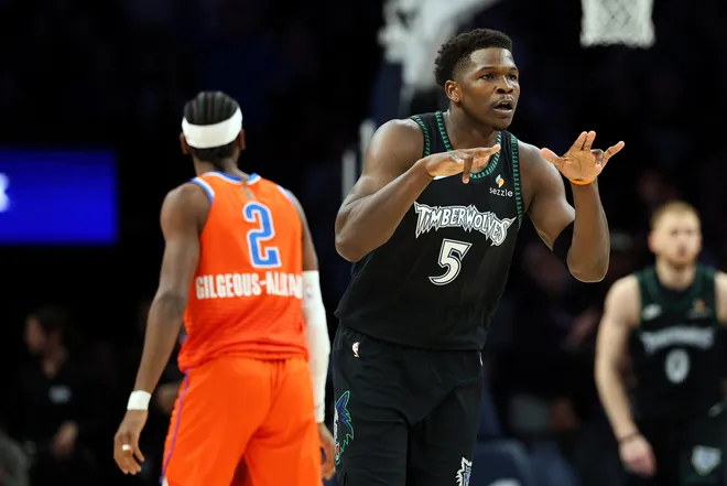 MINNEAPOLIS, MINNESOTA - JANUARY 29: Anthony Edwards #5 of the Minnesota Timberwolves celebrates his three-point basket against the Oklahoma City Thunder in the first quarter at Target Center on January 29, 2026 in Minneapolis, Minnesota. NOTE TO USER: User expressly acknowledges and agrees that, by downloading and or using this photograph, User is consenting to the terms and conditions of the Getty Images License Agreement. (Photo by David Berding/Getty Images)
