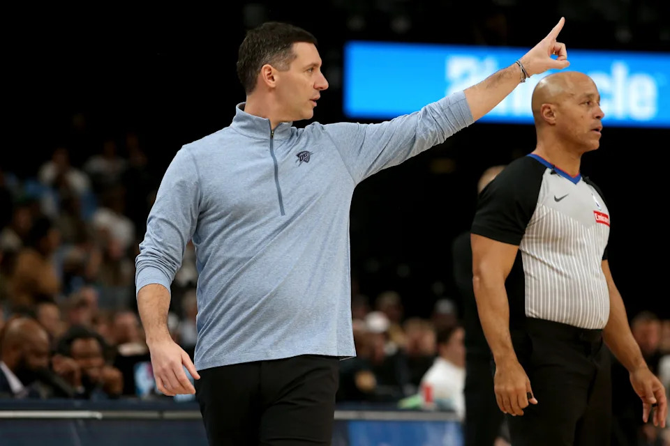 Jan 9, 2026; Memphis, Tennessee, USA; Oklahoma City Thunder head coach Mark Daigneault reacts during the second quarter against the Memphis Grizzlies at FedExForum. Mandatory Credit: Petre Thomas-Imagn Images
