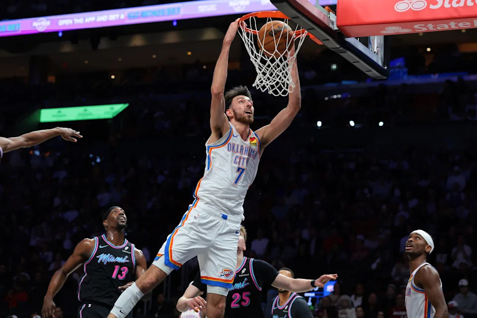 Jan 17, 2026; Miami, Florida, USA; Oklahoma City Thunder center Chet Holmgren (7) dunks against the Miami Heat during the first quarter at Kaseya Center. Mandatory Credit: Sam Navarro-Imagn Images
