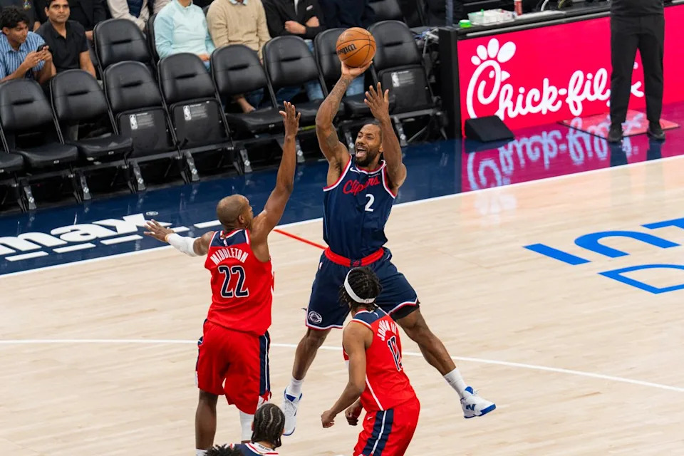 Los Angeles Clippers forward Kawhi Leonard (2) draws the shooting foul during an NBA basketball game against the Washington Wizards, Wednesday January 14th, 2026 in Los Angeles, California.