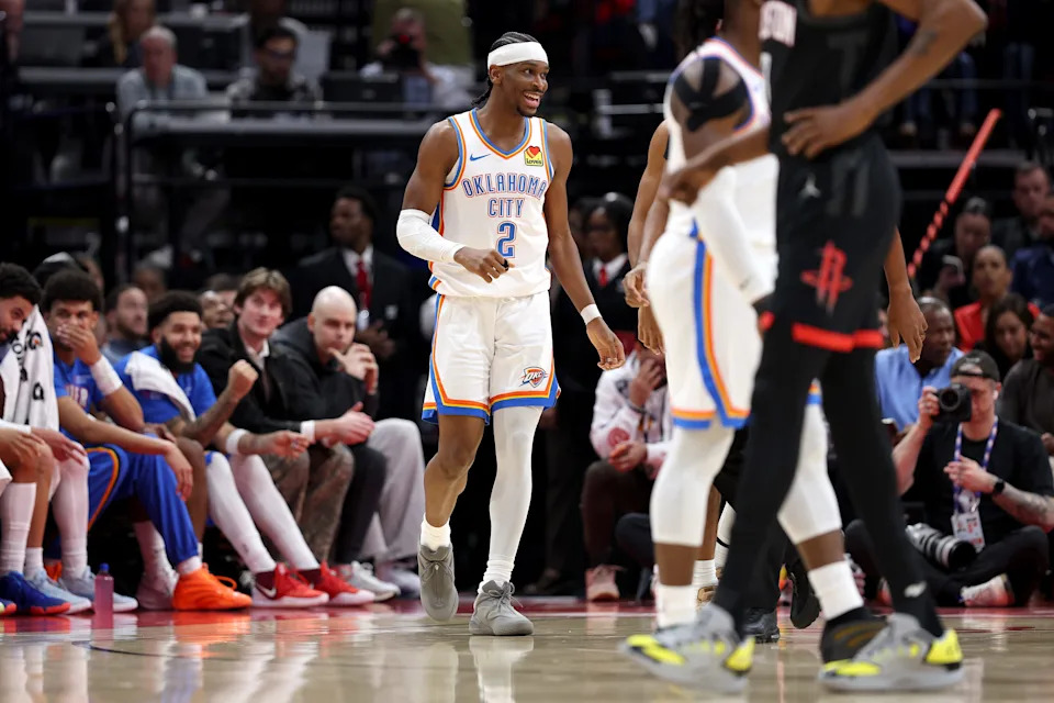 HOUSTON, TEXAS - JANUARY 15: Shai Gilgeous-Alexander #2 of the Oklahoma City Thunder reacts during the game against the Houston Rockets at Toyota Center on January 15, 2026 in Houston, Texas.