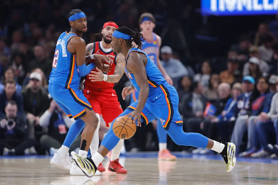 Jan 27, 2026; Oklahoma City, Oklahoma, USA; Oklahoma City Thunder guard Luguentz Dort (5) drives to the basket against the New Orleans Pelicans during the second quarter at Paycom Center. Mandatory Credit: Alonzo Adams-Imagn Images