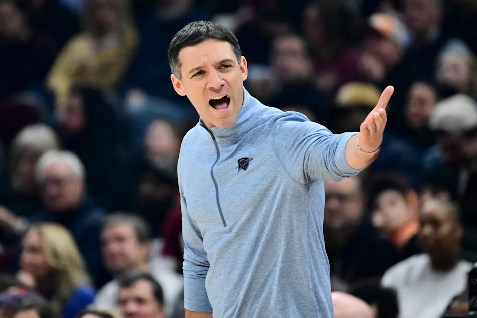 Jan 19, 2026; Cleveland, Ohio, USA; Oklahoma City Thunder head coach Mark Daigneault reacts against the Cleveland Cavaliers during the first half at Rocket Arena. Mandatory Credit: Ken Blaze-Imagn Images