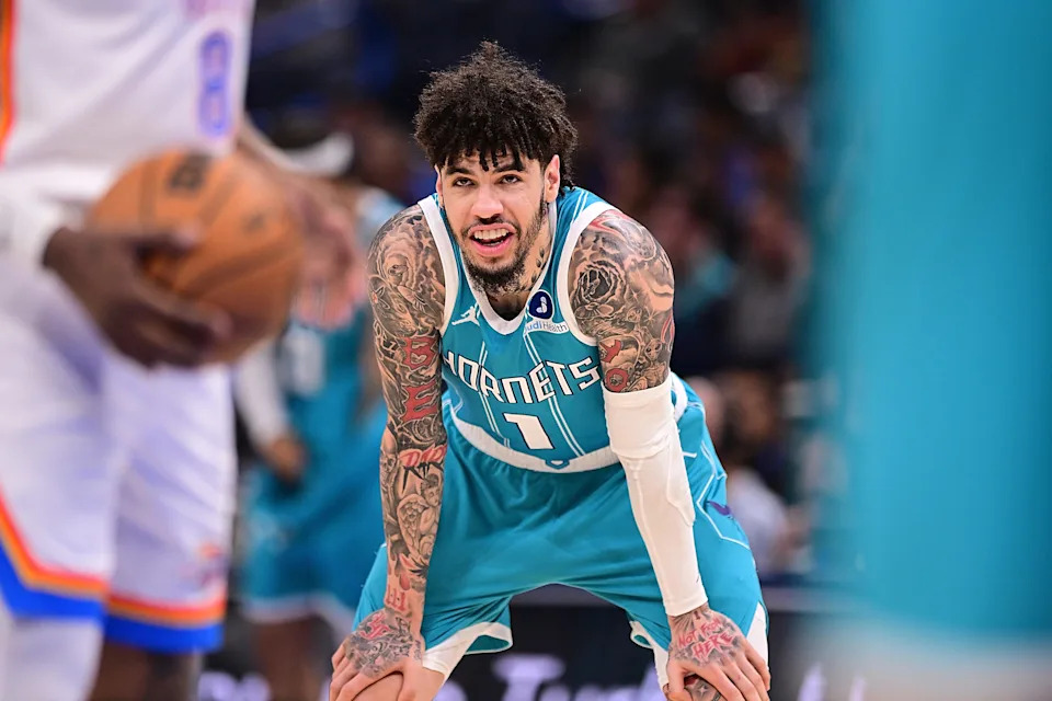 OKLAHOMA CITY, OKLAHOMA - JANUARY 5: Lamelo Ball #1 of the Charlotte Hornets looks on during a free throw during the second half against the Oklahoma City Thunder at Paycom Center on January 5, 2026 in Oklahoma City, Oklahoma. NOTE TO USER: User expressly acknowledges and agrees that, by downloading and or using this photograph, User is consenting to the terms and conditions of the Getty Images License Agreement. (Photo by Joshua Gateley/Getty Images)