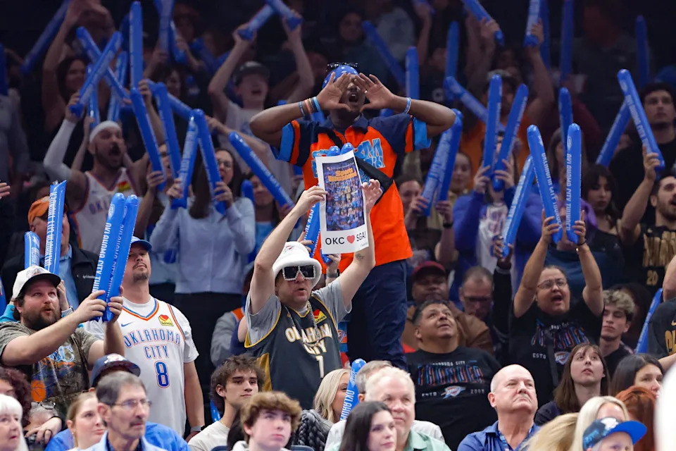 Jan 5, 2026; Oklahoma City, Oklahoma, USA; Oklahoma City Thunder fans cheer for their team as they play against the Charlotte Hornets during the first quarter at Paycom Center. Mandatory Credit: Alonzo Adams-Imagn Images