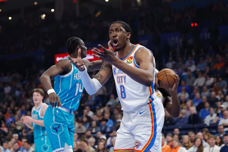 Jan 5, 2026; Oklahoma City, Oklahoma, USA; Oklahoma City Thunder guard Jalen Williams (8) reacts after a play against the Charlotte Hornets during the first quarter at Paycom Center. Mandatory Credit: Alonzo Adams-Imagn Images