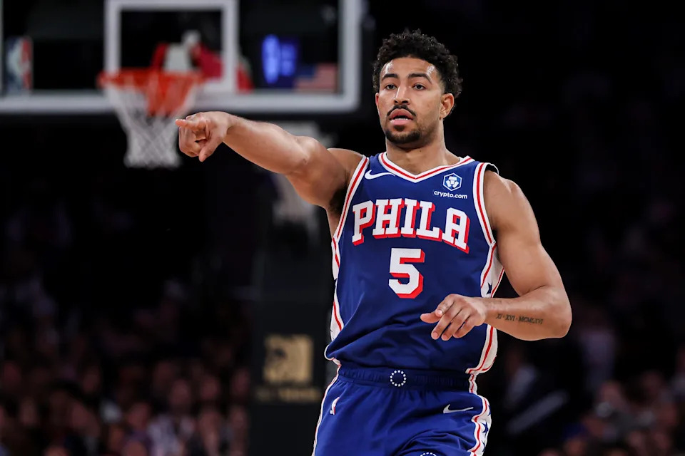 NEW YORK, NEW YORK - JANUARY 03: Quentin Grimes #5 of the Philadelphia 76ers reacts during the third quarter against the New York Knicks at Madison Square Garden on January 03, 2026 in New York City. NOTE TO USER: User expressly acknowledges and agrees that, by downloading and or using this photograph, user is consenting to the terms and conditions of the Getty Images License Agreement. (Photo by Ishika Samant/Getty Images)