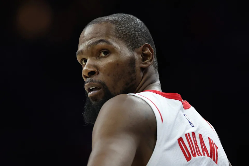 Jan 22, 2026; Philadelphia, Pennsylvania, USA; Houston Rockets forward Kevin Durant (7) looks on during overtime against the Philadelphia 76ers at Xfinity Mobile Arena. Mandatory Credit: Bill Streicher-Imagn Images