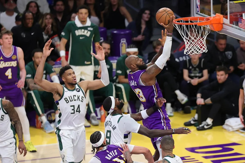 Los Angeles Lakers SF LeBron James (23) attempts a lay up during an NBA game against the Milwaukee Bucks on January 9, 2026 in Los Angeles, CA.