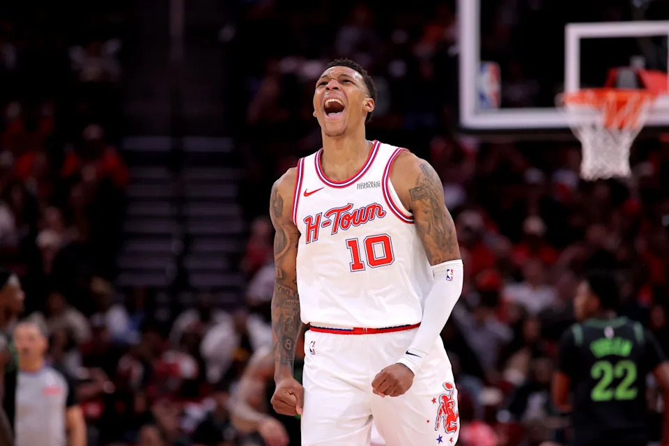 Jan 18, 2026; Houston, Texas, USA; Houston Rockets forward Jabari Smith Jr. (10) reacts after a basket against the New Orleans Pelicans during the fourth quarter at Toyota Center. Mandatory Credit: Erik Williams-Imagn Images