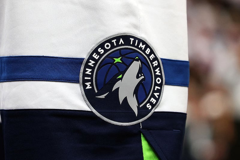 A detailed view of the Minnesota Timberwolves logo on the shorts worn by Anthony Edwards #5 in the third quarter of Game One against the Golden State Warriors during the Second Round of the 2025 NBA Playoffs at Target Center.