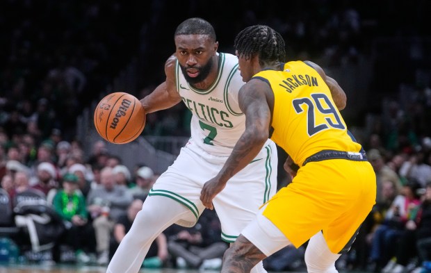 Boston Celtics guard Jaylen Brown (7) during an NBA basketball game, Monday, Dec. 22, 2025, in Boston. (AP Photo/Charles Krupa)
