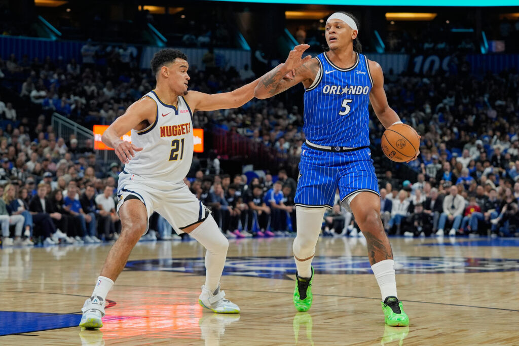 Nuggets forward Spencer Jones and Orlando Magic forward Paolo Banchero