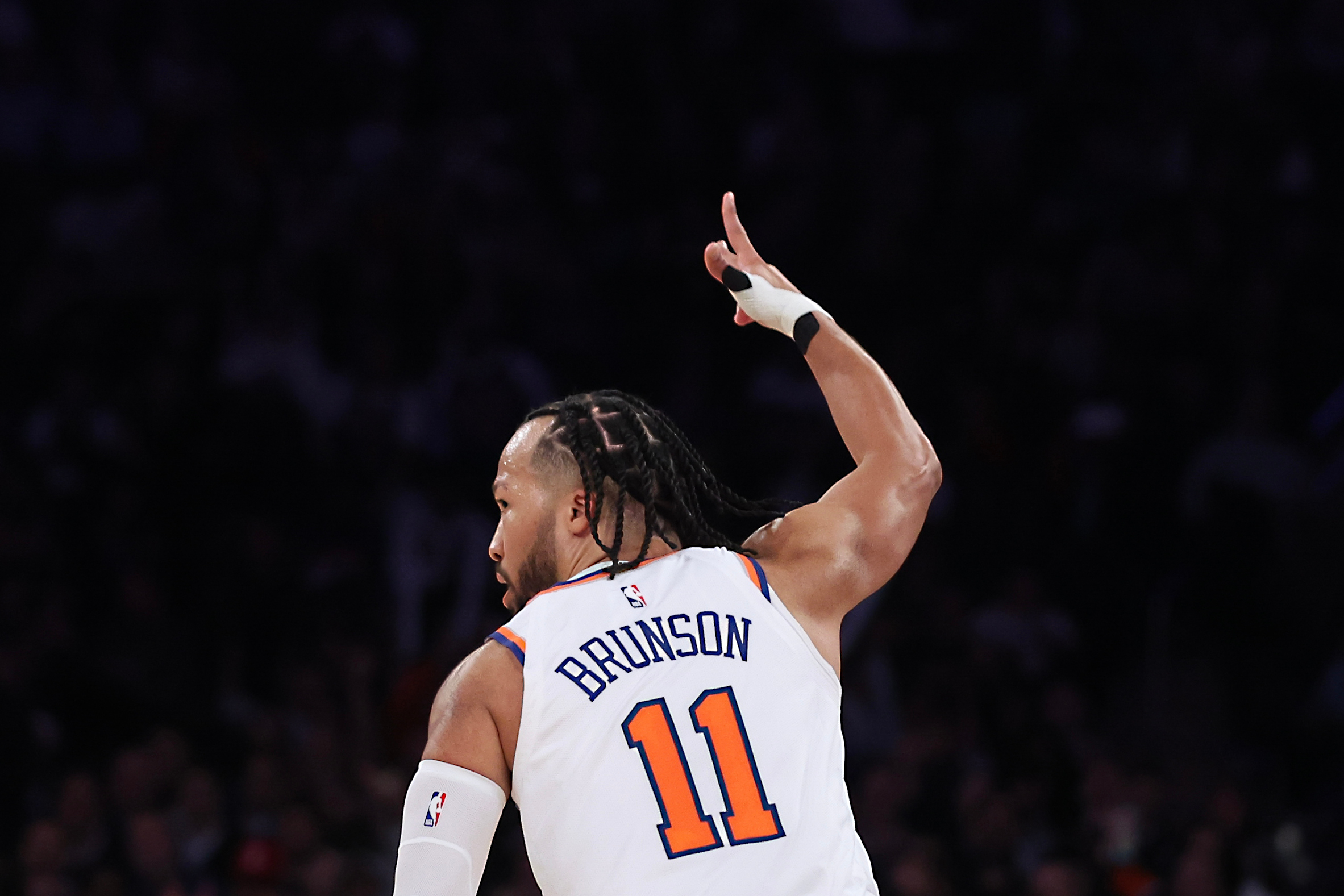 New York Knicks guard Jalen Brunson gestures after scoring during...