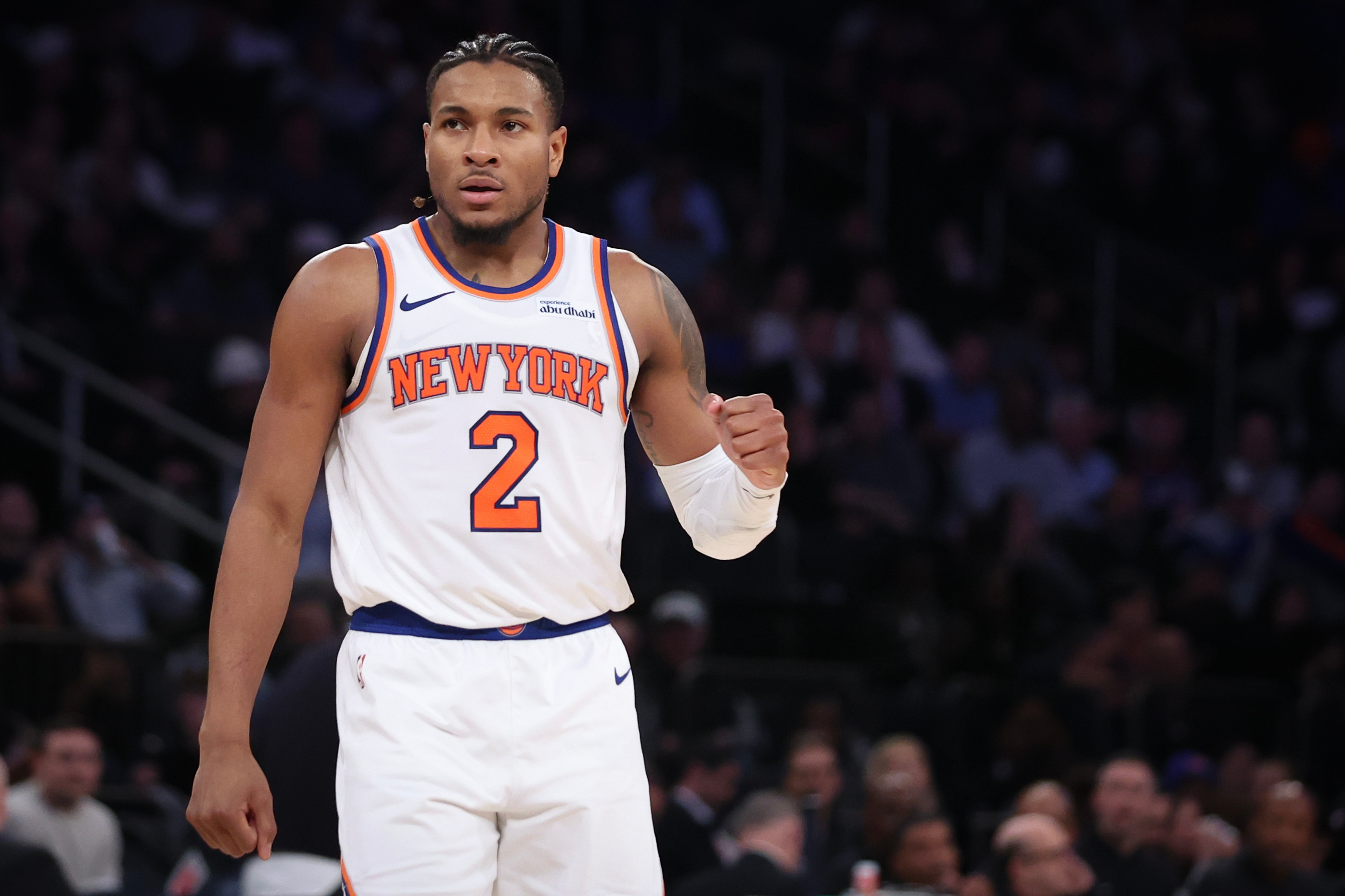 New York Knicks guard Miles McBride reacts during the second...