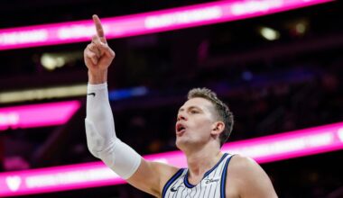 Orlando Magic forward Moritz Wagner (21) reacts after being fouled during the first half of an NBA basketball game against the New Orleans Pelicans, Sunday, Jan. 11, 2026, in Orlando, Fla. (AP Photo/Kevin Kolczynski)
