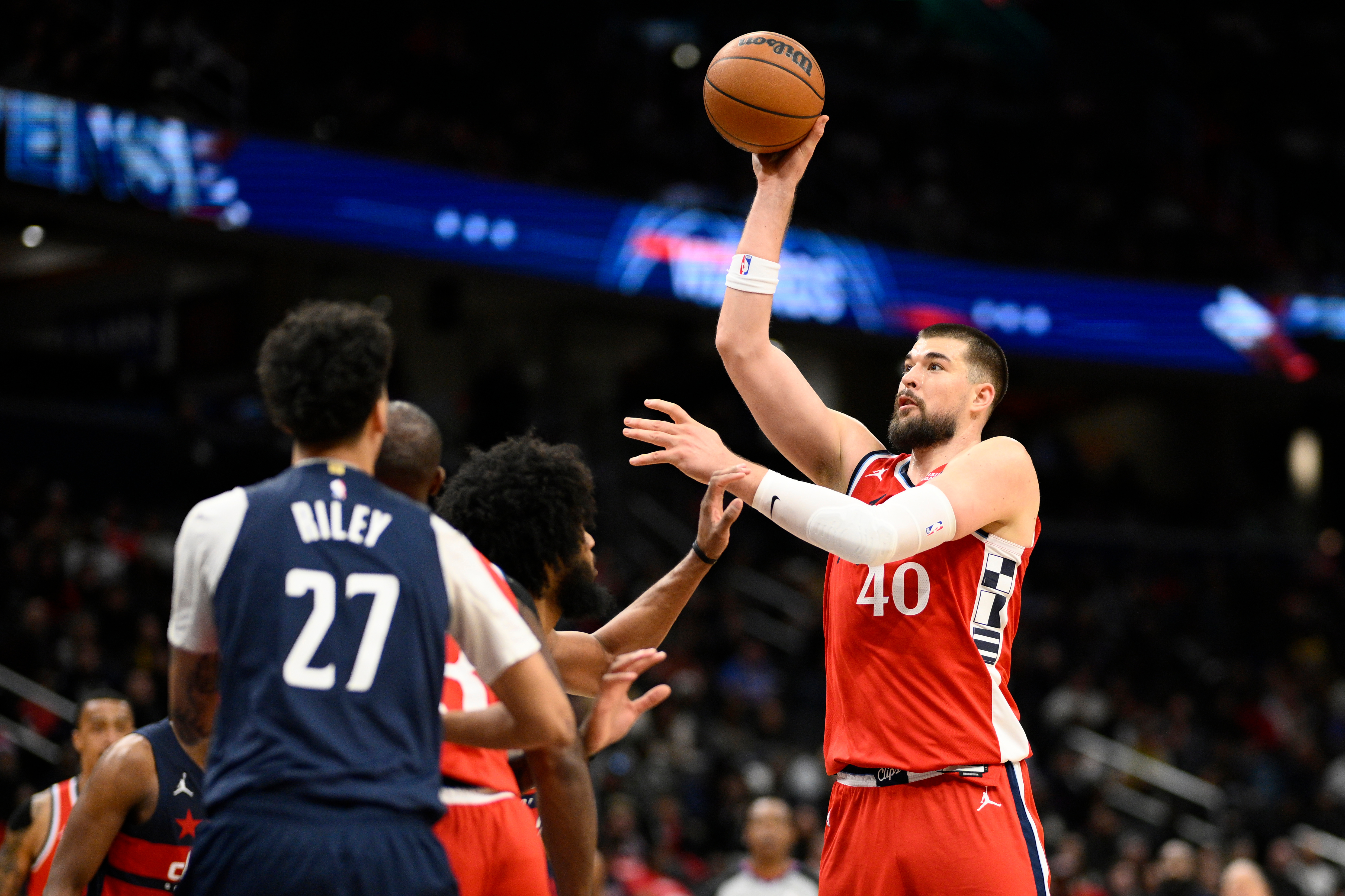 Clippers center Ivica Zubac looks to shoot during the first...
