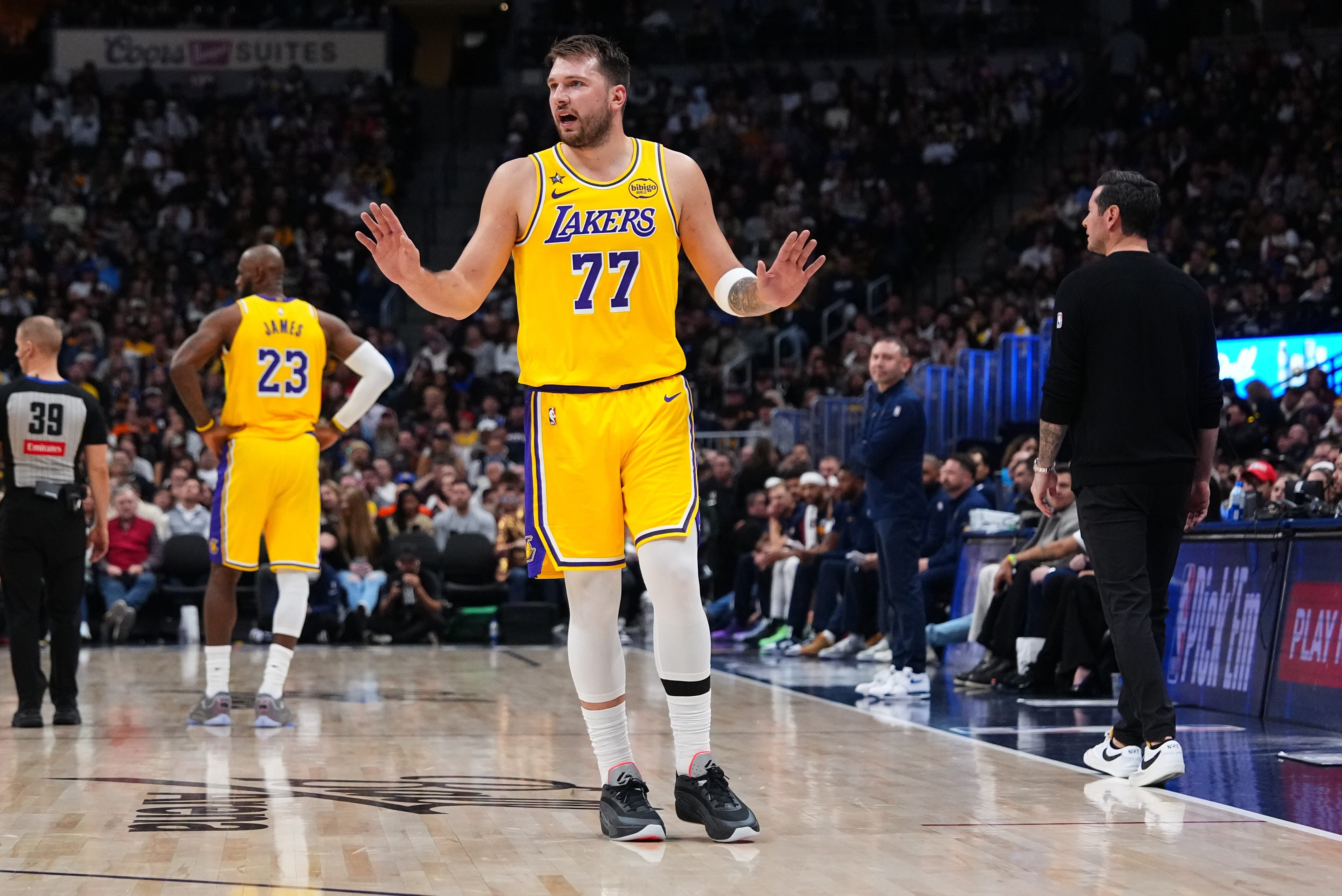 Lakers star Luka Doncic reacts to a technical foul during...