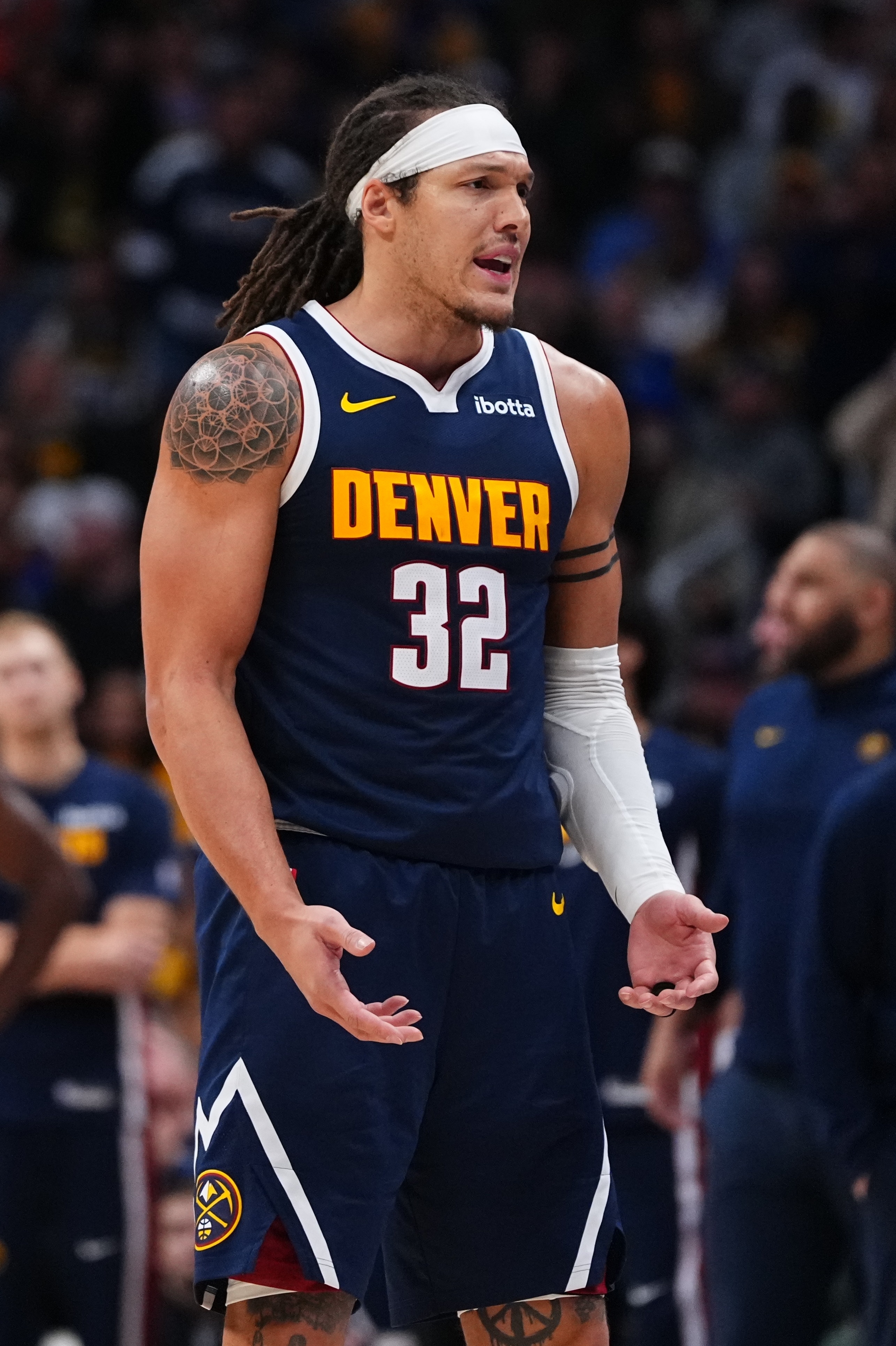 Denver Nuggets forward Aaron Gordon reacts to a technical foul...