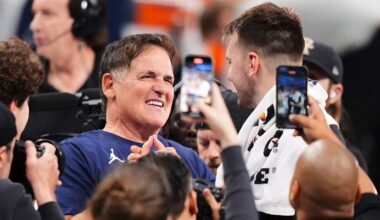 Mark Cuban, center left, greets former Dallas Mavericks player Luka Doncic of the Los Angeles Lakers following an NBA basketball game in Dallas, April 9, 2025. (AP Photo/LM Otero)
