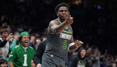 Minnesota Timberwolves guard Anthony Edwards (5) reacts after making a basket during the second half of an NBA basketball game against the San Antonio Spurs, Sunday, Jan. 11, 2026, in Minneapolis. (AP Photo/Abbie Parr)