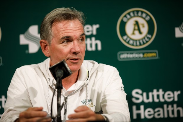 Oakland A's executive vice president of baseball operations Billy Beane speaks during a press conference on Oct. 5, 2018, at Oakland Coliseum in Oakland, Calif. (Dai Sugano/Bay Area News Group)