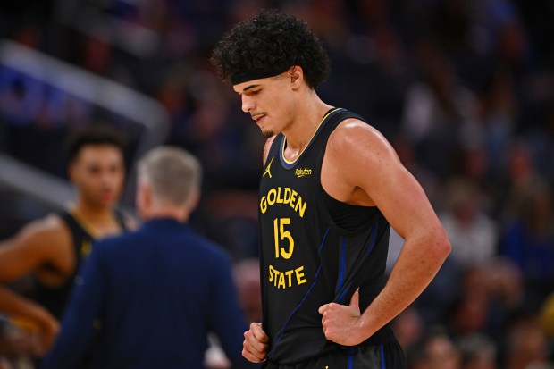 Golden State Warriors' Gui Santos (15) reacts after losing possession of the ball in the third quarter of their NBA game at Chase Center in San Francisco, Calif., on Friday, Jan. 2, 2026. (Jose Carlos Fajardo/Bay Area News Group)