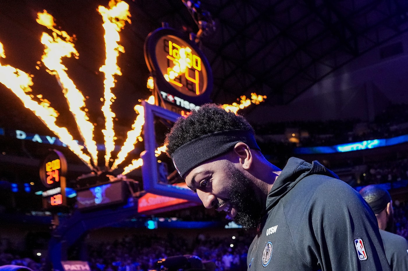 Dallas Mavericks forward Anthony Davis is introduced before an NBA basketball game against...