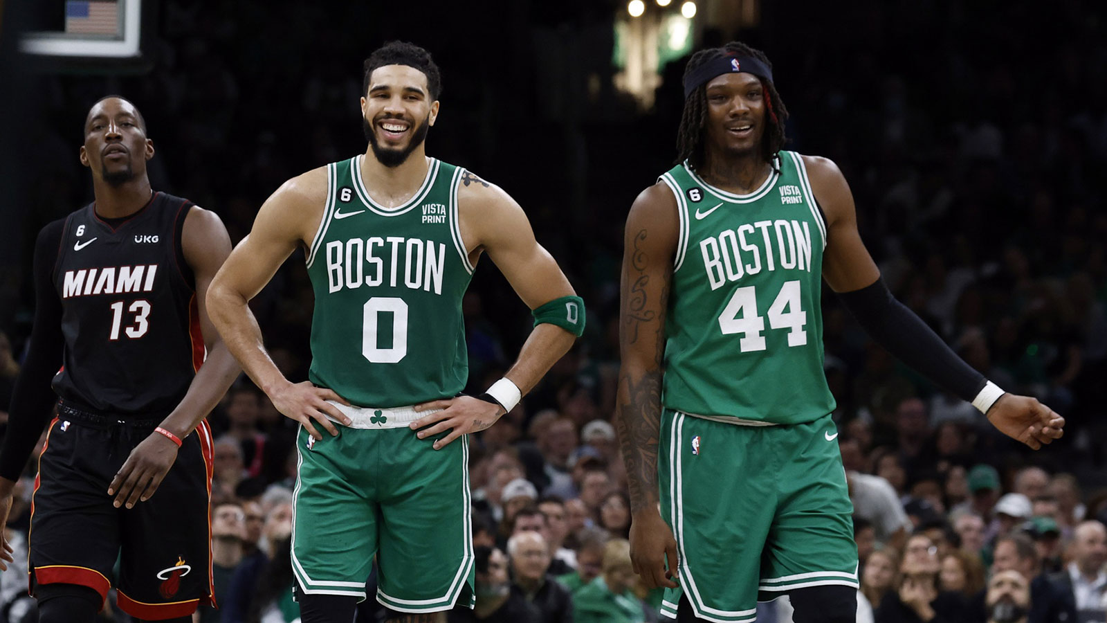 Celtics forward Jayson Tatum (0) and center Robert Williams III (44) react during the third quarter against the Miami Heat in game five of the Eastern Conference Finals for the 2023 NBA playoffs at TD Garden