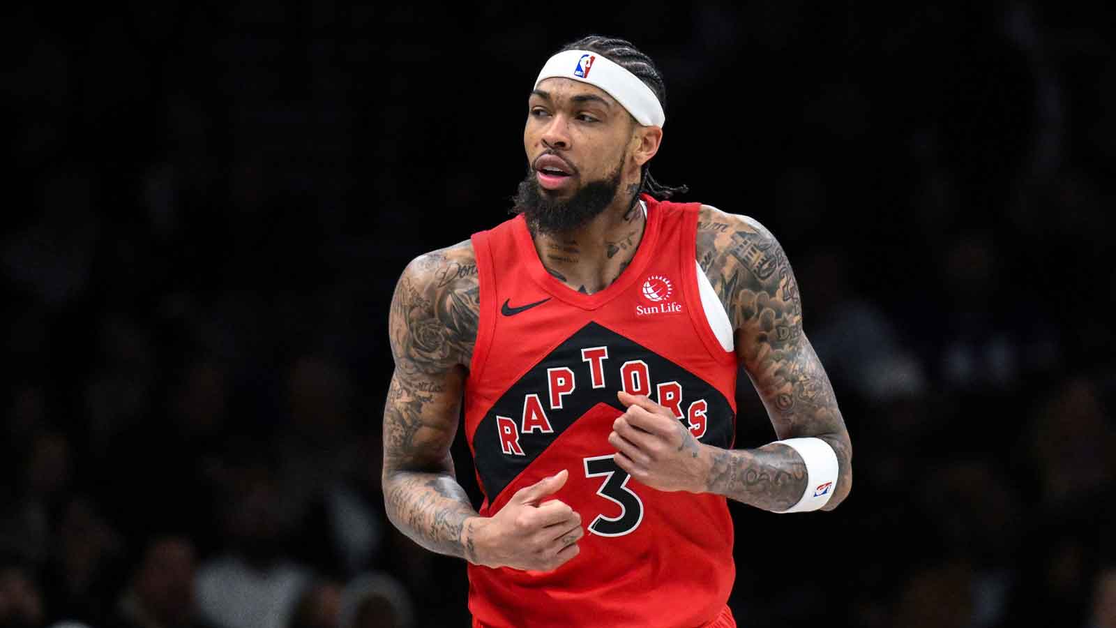 Toronto Raptors forward Brandon Ingram (3) reacts after making a shot against the Brooklyn Nets during the first half at Barclays Center.