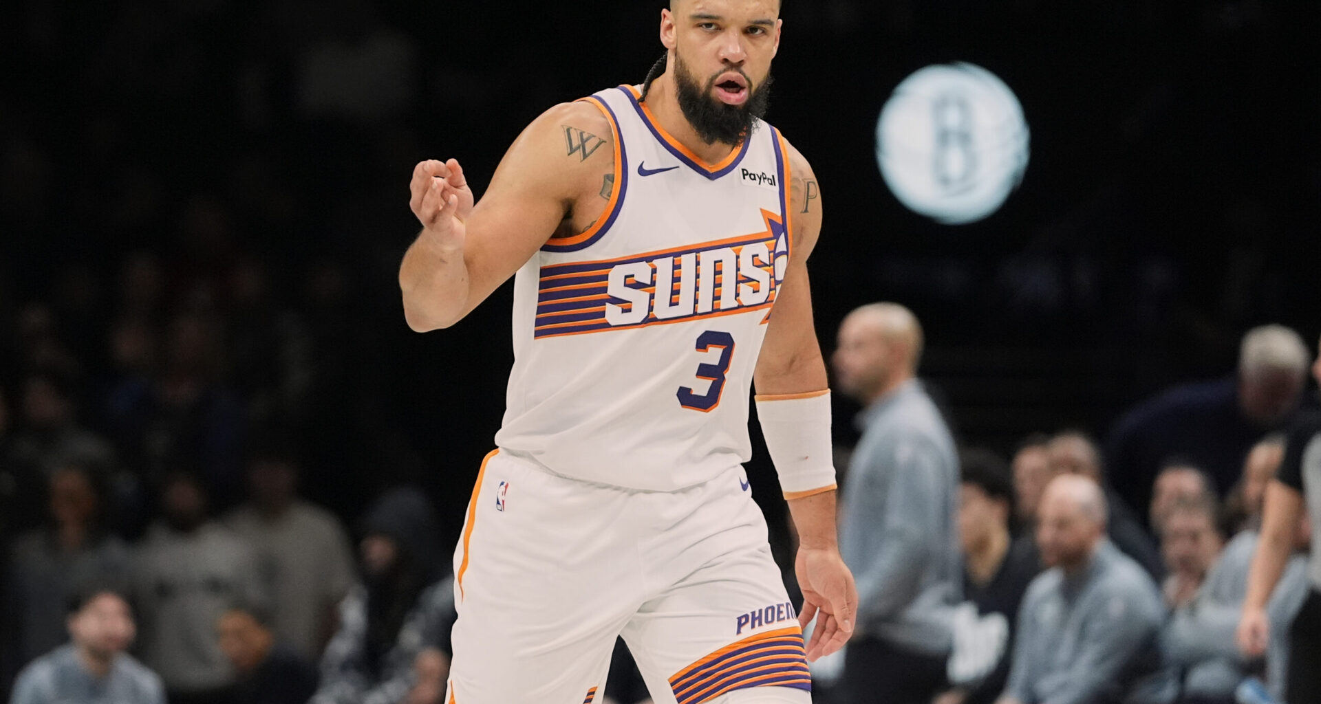 Phoenix Suns' Dillon Brooks (3) gestures after making a three-point shot during the second half of an NBA basketball game against the Brooklyn Nets Monday, Jan. 19, 2026, in New York. (AP Photo/Frank Franklin II)