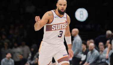 Phoenix Suns' Dillon Brooks (3) gestures after making a three-point shot during the second half of an NBA basketball game against the Brooklyn Nets Monday, Jan. 19, 2026, in New York. (AP Photo/Frank Franklin II)