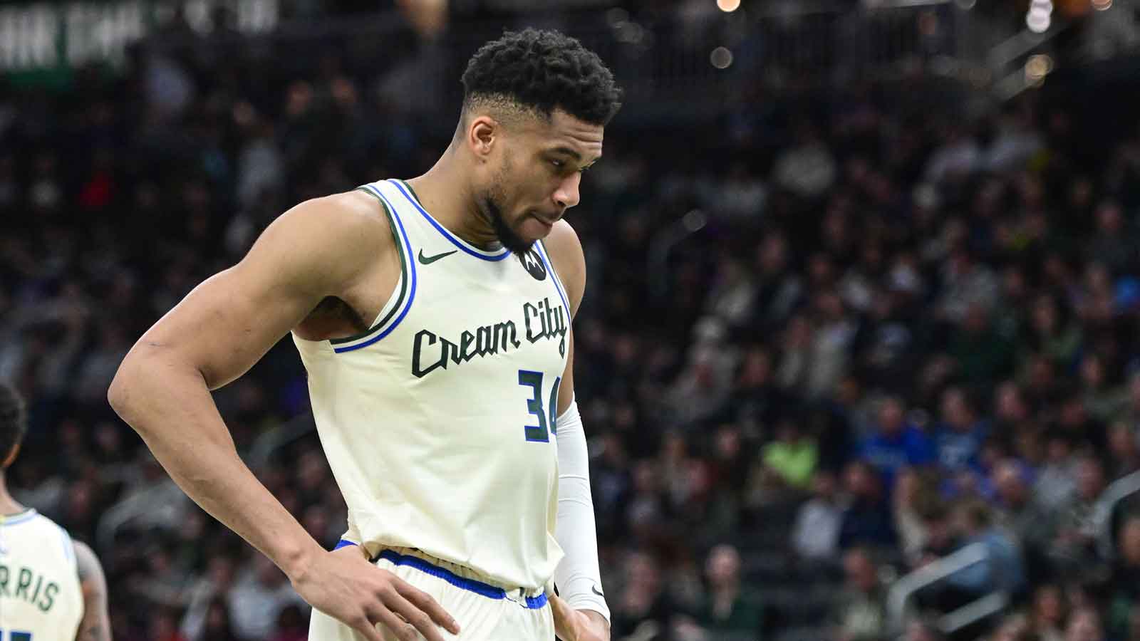Milwaukee Bucks forward Giannis Antetokounmpo (34) reacts in the second quarter against the Minnesota Timberwolves at Fiserv Forum.