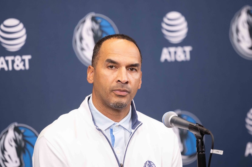 Mavericks GM Nico Harrison speaks during a press conference at the Mavericks Training Center...