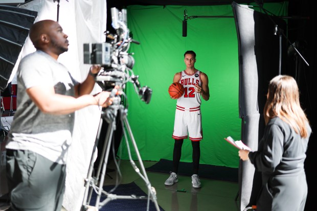 Zach Collins prepares to record video clips during Bulls media day at the United Center on Sept. 29, 2025. (Eileen T. Meslar/Chicago Tribune)
