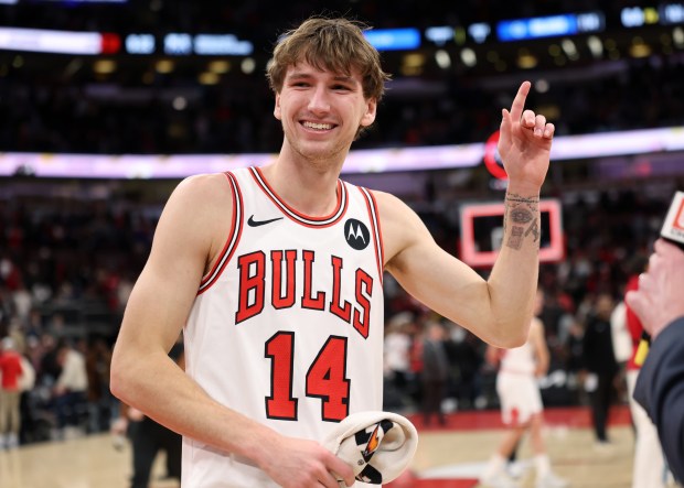 Bulls forward Matas Buzelis celebrates a 121-114 win over the Magic on Friday, Jan. 2, 2026, at the United Center. (John J. Kim/Chicago Tribune)