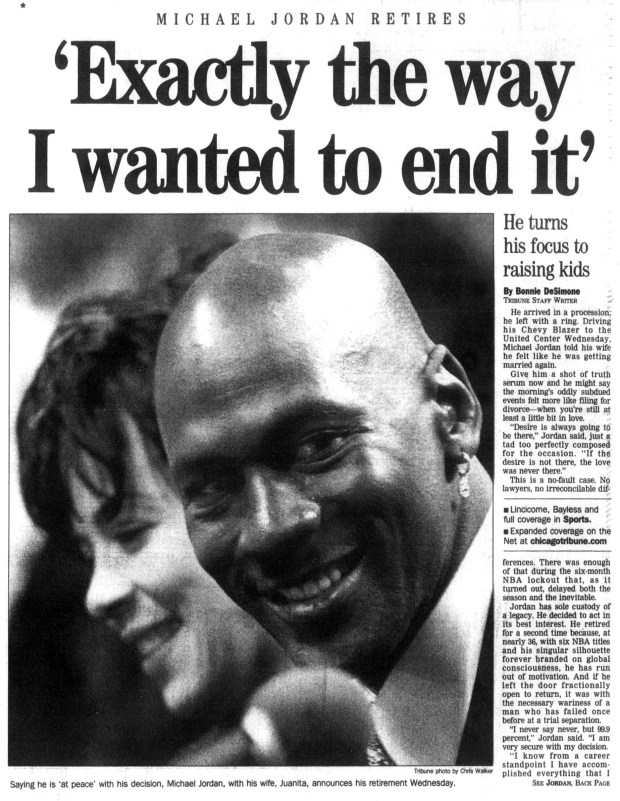 "I'm here to announce my retirement from the game of basketball ...," Michael Jordan told a packed house at the United Center in Chicago on Jan. 13, 1999. (Chicago Tribune)
