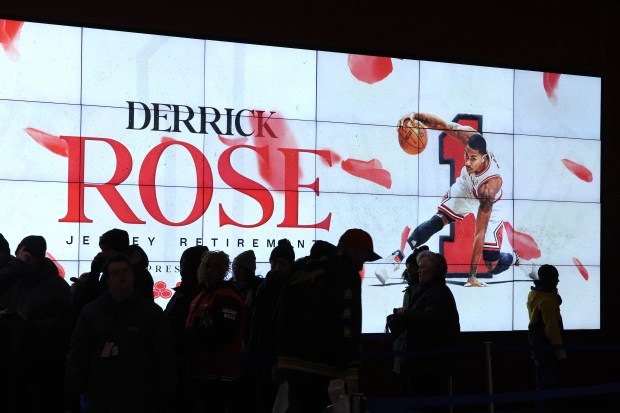 The atrium at the United Center in Chicago is seen decorated in honor of Derrick Rose prior to his #1 jersey being retired by the Chicago Bulls in a ceremony scheduled for after a game between the Bulls and the Boston Celtics on Jan. 24, 2026. (Chris Sweda/Chicago Tribune)