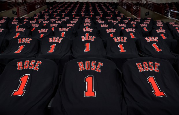 United Center seats are seen adorned with Derrick Rose t-shirts prior to his #1 jersey being retired by the Chicago Bulls in a ceremony scheduled for after a game between the Bulls and the Boston Celtics on Jan. 24, 2026. (Chris Sweda/Chicago Tribune)